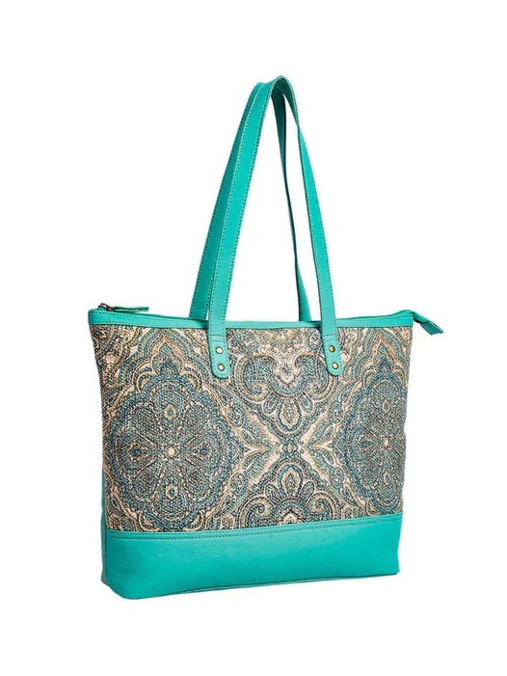 Myra Bag “Bryerston” Turquoise Canvas and Leather Patterned Tote Bag